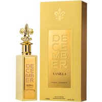 Gold Paris Corner December Vanilla perfume bottle with fleur-de-lis cap, next to matching gold box.