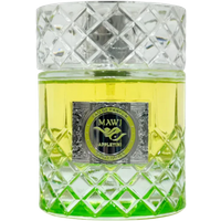 Clear glass bottle with diamond pattern, green-yellow perfume, silver cap, and "Mawj Appletini" label by Paris Corner.