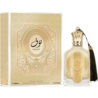 Elegant Paris Corner Nouf perfume bottle with gold cap and tassel, ornate beige box, 100ml unisex eau de parfum.