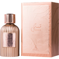 Elegant Paris Corner Qissa perfume bottle with ribbed gold design and matching embossed box, 100 ml.