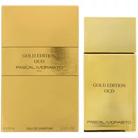 Gold rectangular Pascal Morabito Gold Edition Oud Eau De Parfum bottle and box, 100ml, with sleek minimalist design.