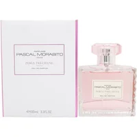 Clear glass bottle with pink perfume, square cap, and white box labeled "Pascal Morabito Perle Precieuse Eau De Parfum 100ml".