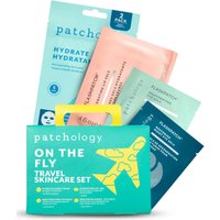 Patchology travel set with hydrate sheet masks, flash eye gel, hydrating lip gel, and restoring eye gel in colorful packaging.