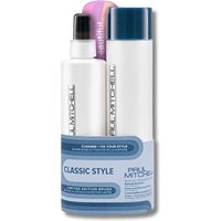 Paul Mitchell Classic Style Duo with white shampoo and conditioner bottles, blue caps, and purple comb.
