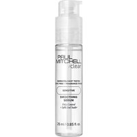 Clear bottle of Paul Mitchell Smoothing Serum, 25ml, with pump dispenser and black text on white label.