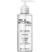 Clear Paul Mitchell styling glaze bottle with pump, 150ml, labeled "Sensitive" for light hold and long-lasting style.