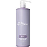 Purple bottle of Paul Mitchell Forever Blonde Shampoo 1000ml with pump dispenser and white text.