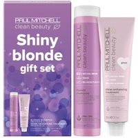 Paul Mitchell Shiny Blonde Gift Set with purple box, shampoo, and conditioner in pink bottles.