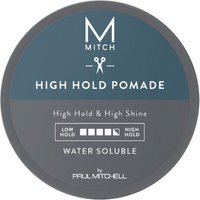 Round gray Paul Mitchell High Hold Pomade container with blue accents and white text.