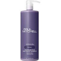 Purple Paul Mitchell Platinum Plus Deep Violet Shampoo bottle with pump, 1000ml size, white text and logo.
