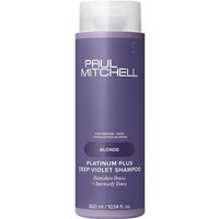 Purple Paul Mitchell shampoo bottle with white cap, labeled "Platinum Plus Deep Violet Shampoo 300ml."