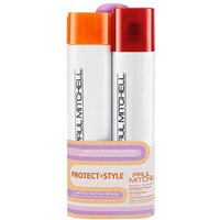 Paul Mitchell Protect & Style Duo with white bottles, orange and red caps, wrapped in branded packaging.