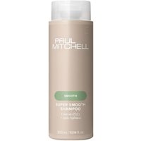 Beige cylindrical bottle of Paul Mitchell Super Smooth Shampoo with white cap and green label accent.