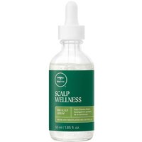 Clear glass bottle with green label, white dropper cap, "Paul Mitchell Tea Tree Dry Scalp Serum 55ml" text.