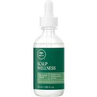 Clear glass bottle with dropper, green label, "Scalp Wellness" text, 55ml Paul Mitchell Tea Tree Oily Scalp Serum.