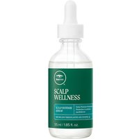 Clear glass bottle of Paul Mitchell Tea Tree Scalp Defense Serum with green label and white dropper cap, 55ml.