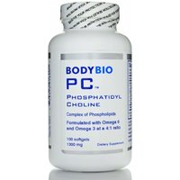 White BodyBio PC 300 softgels bottle with blue text, phospholipid complex label, and silver cap.