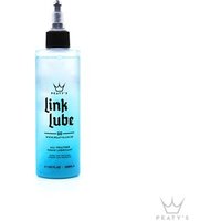 Blue Peatys LinkLube All-Weather bottle with black cap and nozzle, featuring crown logo and text on the label.