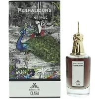 Penhaligon's Clandestine Clara Eau De Parfum 75ml with ornate gold cap and illustrated box featuring a peacock.