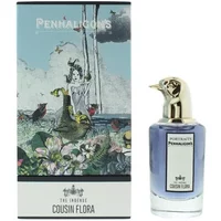 Penhaligon's Portraits Cousin Flora perfume, 75ml, with gold animal head cap and illustrated floral box.