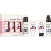 Percy & Reed haircare set with pink and white packaging, includes shampoo, conditioner, and styling spray.