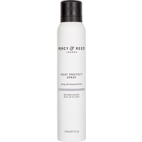 White Percy & Reed Heat Protect Spray bottle, 150ml, with black cap and minimalist text design.