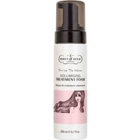 White bottle of Percy & Reed Volumising Treatment Foam with black pump and pink label featuring illustrated woman.
