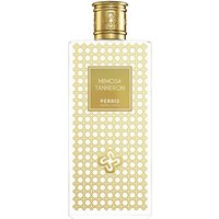 White and gold Perris Mimosa Tanneron Eau de Parfum bottle with geometric pattern and gold cap.