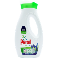 White Persil Bio Liquid Detergent bottle, 648ml, with green cap and handle, featuring colorful logo and eco-friendly icons.