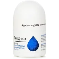 White Perspirex Strong Antiperspirant Roll-On 20ml with blue drop logo and text "Apply at night to complete dry skin."