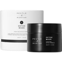 Black jar of Pestle & Mortar Detox Mask 50g with white box, minimalist design, and bold black text.