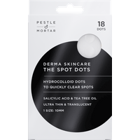 Pestle & Mortar The Spot Dots, 18 translucent hydrocolloid dots in white packaging with black circular design.