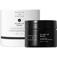 Pestle & Mortar Glow Up Mask 50g, black jar with white text, next to white box with black text and logo.