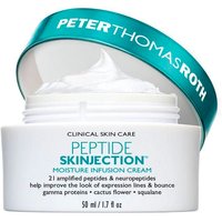 White jar of Peter Thomas Roth Peptide Skinjection cream with teal lid, 50 ml, open to show creamy texture.