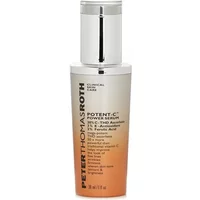 Peter Thomas Roth Potent-C Power Serum in a sleek silver and orange gradient bottle with a shiny silver cap, 30ml.