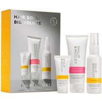 Philip Kingsley Big Volume Gift Set with shampoo, conditioner, and volumizing spray in white bottles with orange accents.