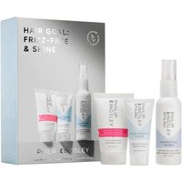 Philip Kingsley gift set with three white bottles and a blue box, labeled "Hair Goal: Frizz-Free & Shine."