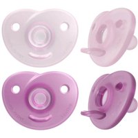 Pink and purple Philips Avent curved soothies for 0-6 months, heart-shaped with two ventilation holes, set of two.