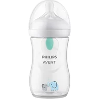 Clear Philips Avent baby bottle with white cap, elephant design, and AirFree vent, 260ml capacity.