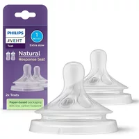 Clear silicone baby bottle nipples, extra slow flow, with wide base, shown with purple and white Philips packaging.