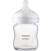Clear Philips Natural Response glass baby bottle, 120ml, with white silicone nipple and wide neck for 0-3 months.