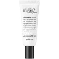 White Philosophy Anti-Wrinkle Miracle Worker Primer tube, black cap, 27ml, with text detailing product benefits.