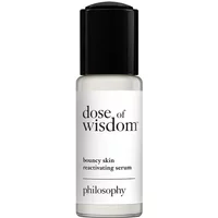White Philosophy serum bottle with black cap, labeled "dose of wisdom" and "bouncy skin reactivating serum" 30ml.