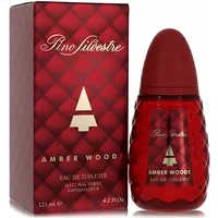 Pino Silvestre Amber Woods Eau De Toilette 125ml, red textured bottle with matching box, tree logo on both.