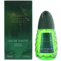 Green Pino Silvestre Original Eau De Toilette 75ml bottle with pinecone texture, next to matching green box.
