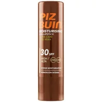 Brown Piz Buin Aloe Vera Lipstick SPF30 with orange text and moisturizing care label, 4.9g tube.