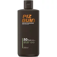 Dark brown bottle of Piz Buin Moisturising Sun Lotion SPF 50+ with orange text, 200ml size.