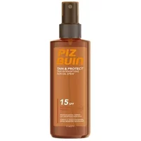 Brown Piz Buin Tan & Protect oil spray bottle with orange text, dark brown cap, SPF 15, 150ml.