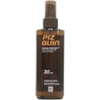 Brown Piz Buin Tan Accelerating Oil Spray SPF30, 150ml bottle with orange text and dark cap.