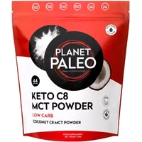 Planet Paleo Keto C8 MCT Powder 440g in a red and white pouch with coconut images and bold black text.
